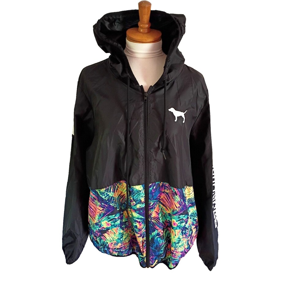 PINK Victoria's Secret Black Hooded Tropical Print Windbreaker Jacket Size M-L